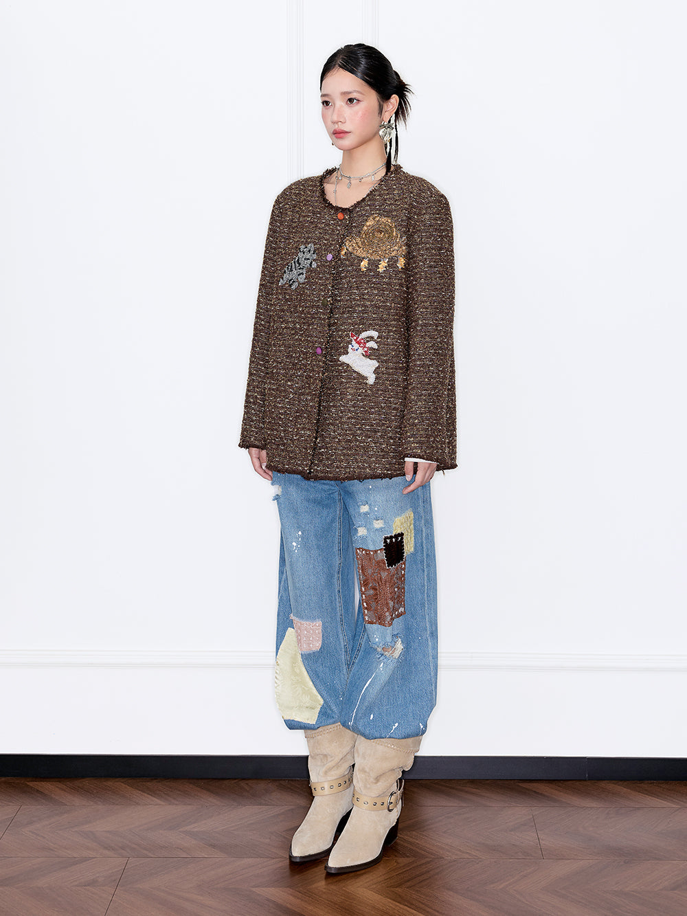 MUKZIN“Capsule Collection”Vintage Bouclé Jacket with 3D Appliqué - Round Neck Loose Fit