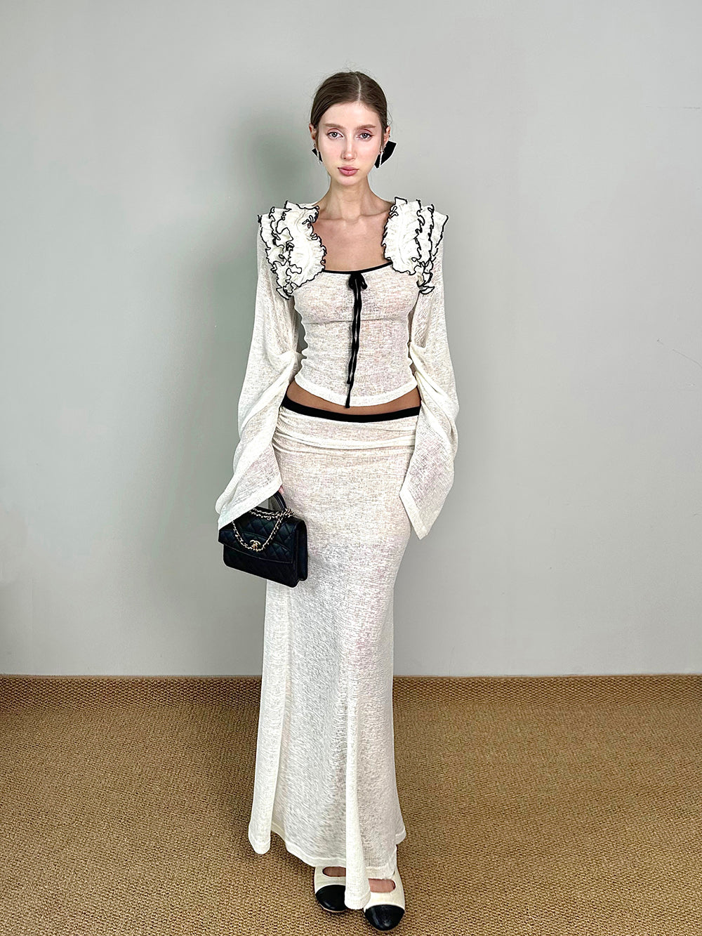 MUKTANK×Jqwention Black & White Contrast Lace Trim Moonlight Slim Suit Midi Skirt