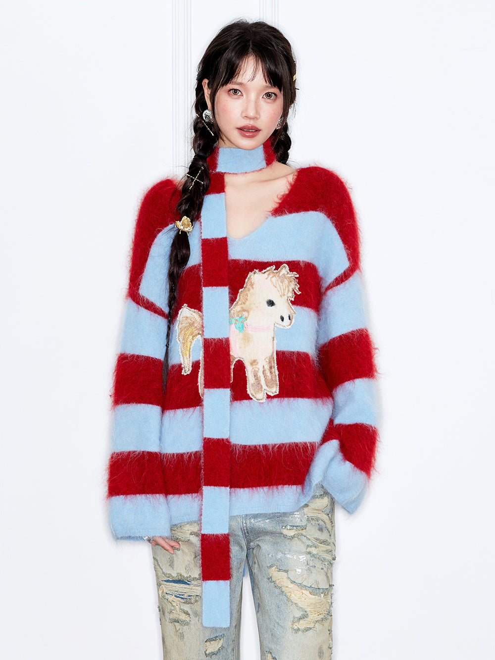MUKZIN“The Sequence of Deer's Call”Red & Blue Striped Turtleneck Scarf Neck Pony Decor Sweet Cool Oversized Knit Sweater