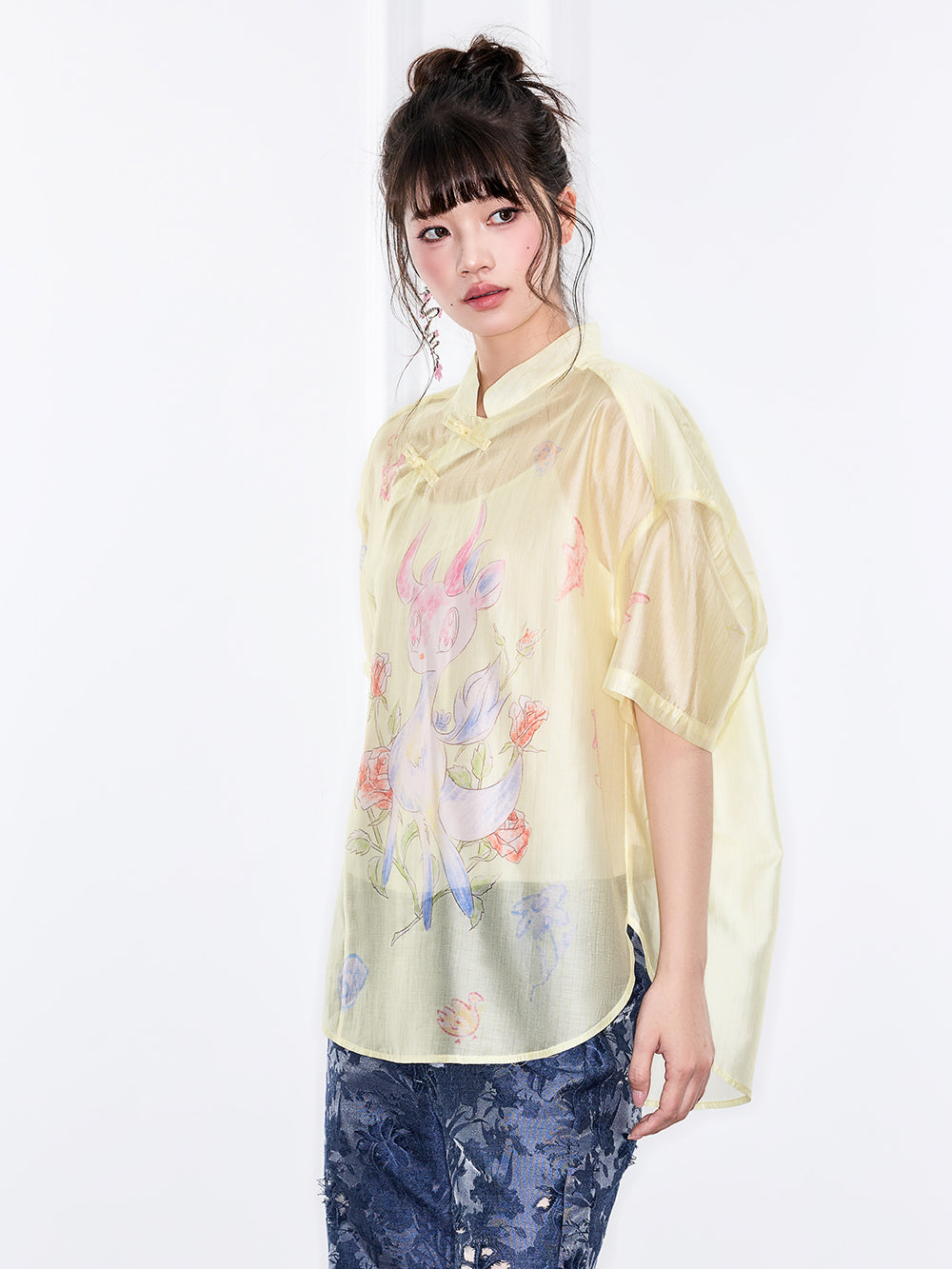 Mukzin "Ode To The New Summer"New Chinese-Style Shirt With Frog Buttons At The Collar And Printed Patterns
