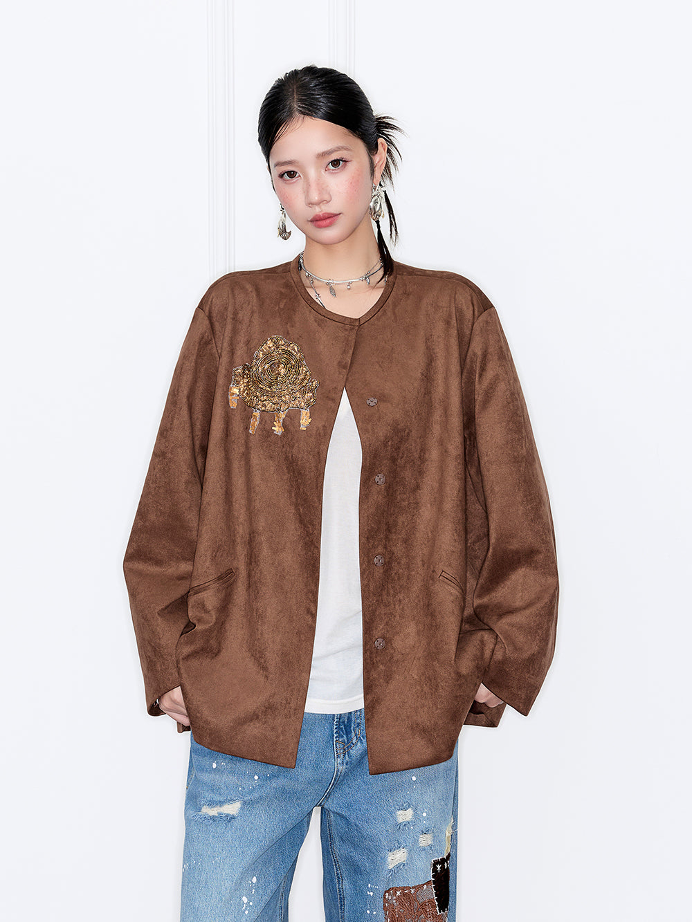 MUKZIN“Capsule Collection”Brown Suede-like Round Neck Jacket with Embroidered Accents - Loose Fit