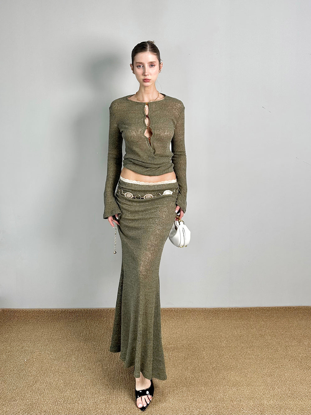 MUKTANK×Jqwention Moss Green Slim-Fit Maxi Dress Suit Midi Skirt