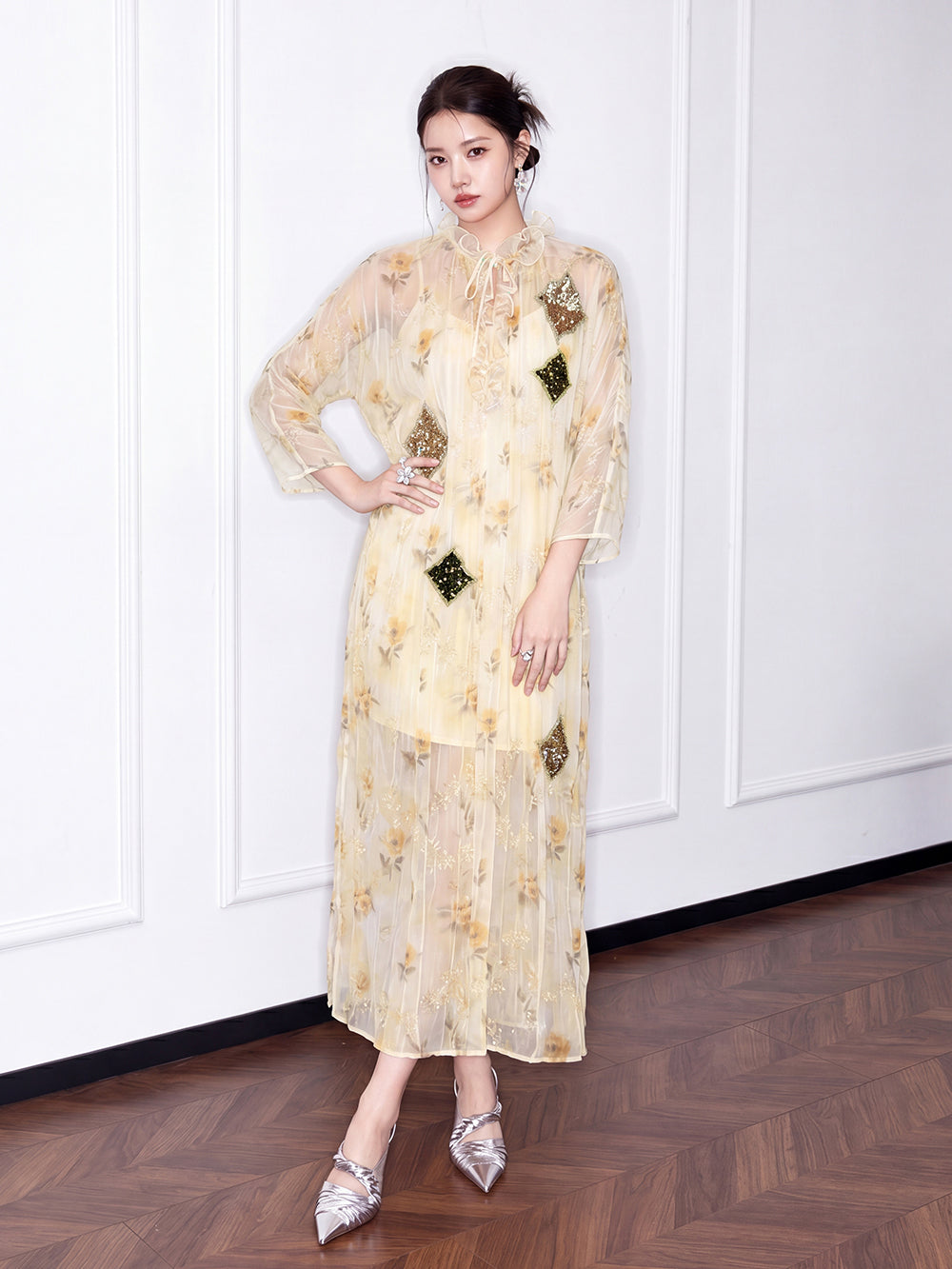 MUKZIN×Capsule Collection Chinese-Style Loose Floral Dress with Hami Hand Embroidery