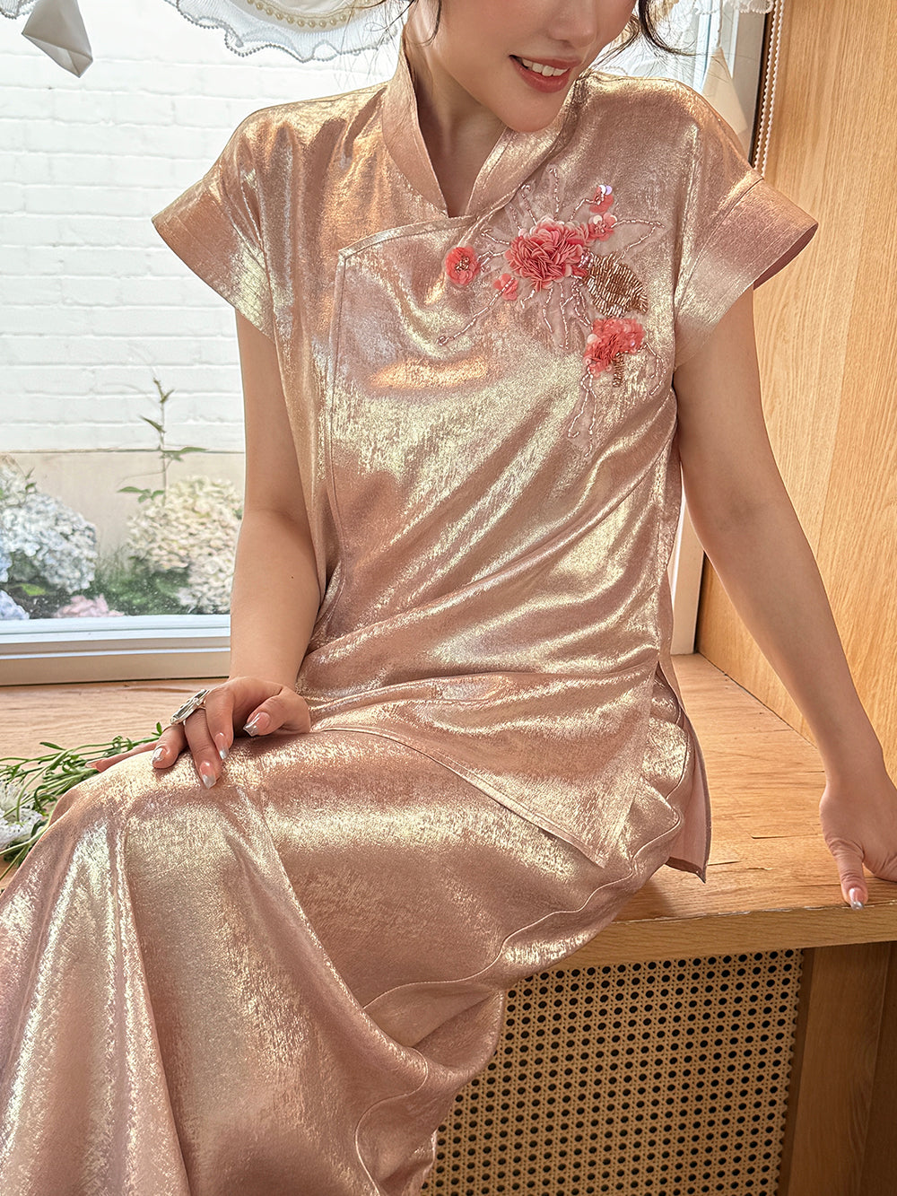 MUKZIN×Capsule Collection New Chinese-style embroidered soft pink set of short-sleeved shirts