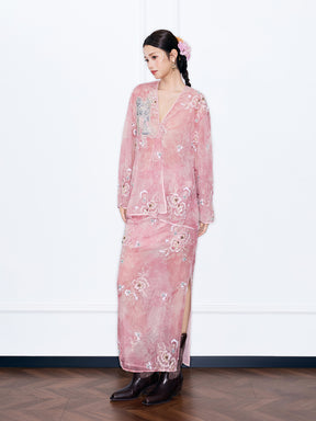 MUKZIN¡°Night Ballad of Chang'an¡±Pink Sheer Embroidered V-Neck Blouse