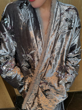 MUKZIN“Capsule Collection”Silver Grey Velvet Jacquard Beaded Loose Jacket