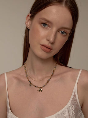 MUKTANK×SUN HUNTER Double-layered Necklace with Little Elephant Design and Speckled Stone