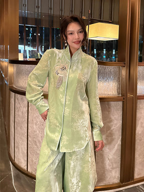 MUKZIN“Capsule Collection”Light Green Velvet Embroidered Mandarin Collar Shirt | Oriental Sequin Embellished High-Low Hem Blouse