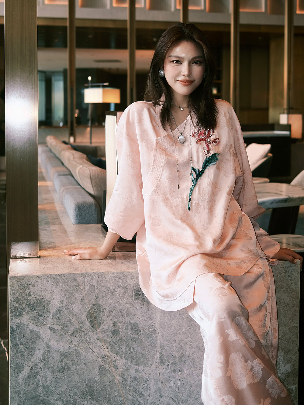 MUKZIN“Capsule Collection”Pink Jacquard Loose Wide-Leg Pants