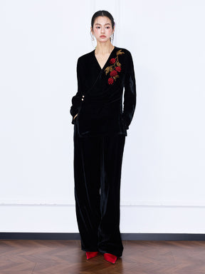 MUKZIN“Capsule Collection”Velvet Wrap Top with Red Floral Embroidery