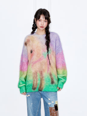 MUKZIN“The Sequence of Deer's Call”Rainbow Gradient Tie-Dye Pony Pattern Oversized Fuzzy Knit Sweater
