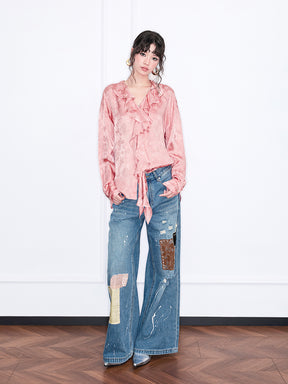 MUKZIN“Realm of Ethereal Mist”Pink Jacquard Ruffled Tie-Neck Blouse