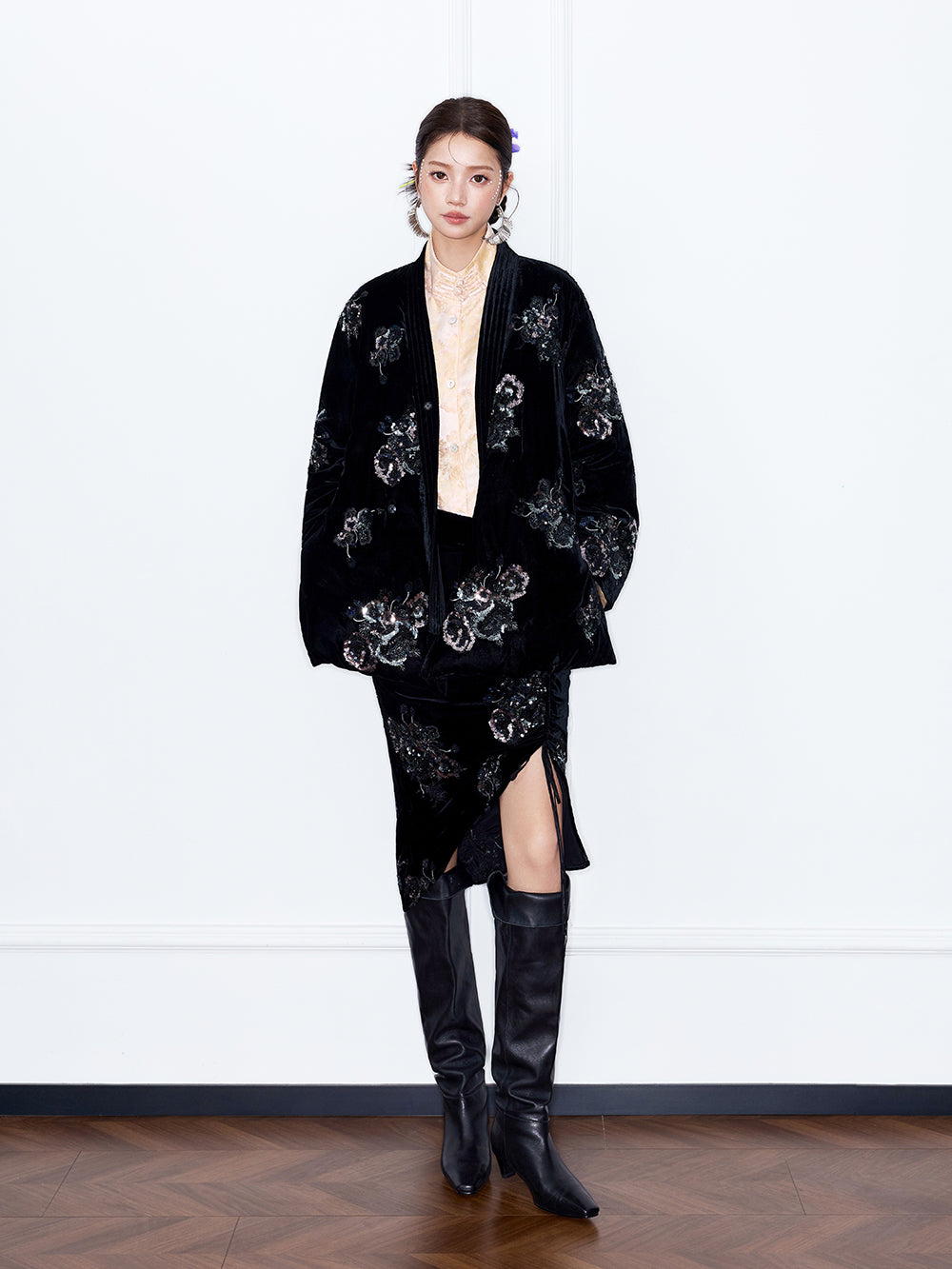 MUKZIN“Capsule Collection”New Chinese Style Heavy Sequin Embroidery Velvet Midi Skirt