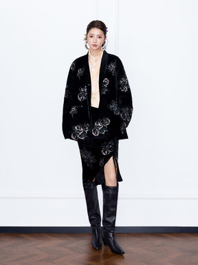 MUKZIN¡°Capsule Collection¡±New Chinese Style Heavy Sequin Embroidery Velvet Midi Skirt