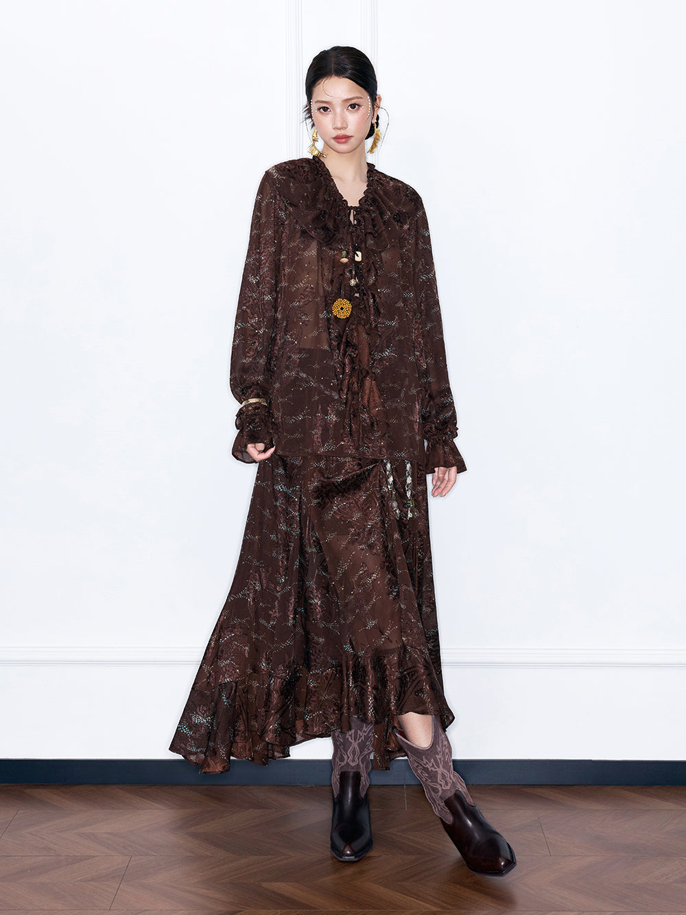 MUKZIN“Capsule Collection”Sheer Embroidered Brown Maxi Skirt | High Waist Boho Slit Skirt
