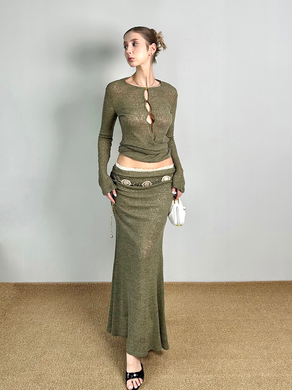 MUKTANK×Jqwention Moss Green Slim-Fit Maxi Dress Suit Top