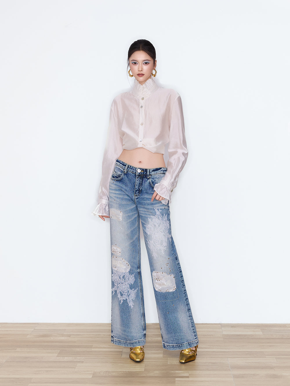 MUKZIN×Flourishing Blooms New Chinese-Style Floral Patch&Beaded High-Waist Jeans