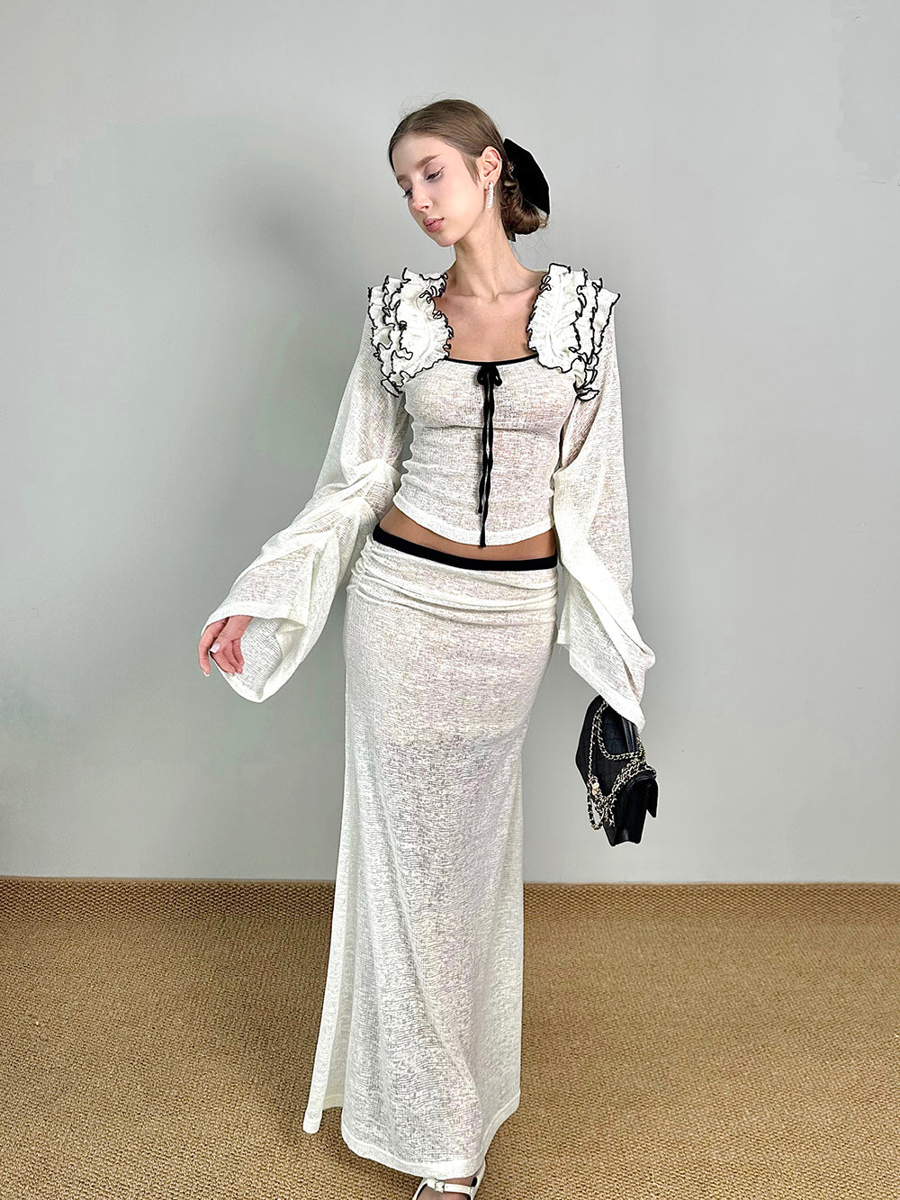 MUKTANK×Jqwention Black & White Contrast Lace Trim Moonlight Slim Suit Midi Skirt