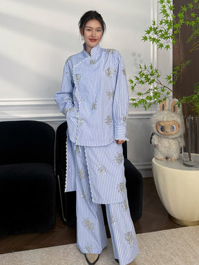 MUKZIN“Capsule Collection”Blue Striped Floral Embroidered Wide-Leg Pants | Oriental Sequin Embellished High-Waist Trousers