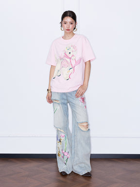 MUKZIN“Capsule Collection”Pink/White Cute Lamb Print Short Sleeve T-Shirt | Kawaii Cartoon Graphic Oversized Tee