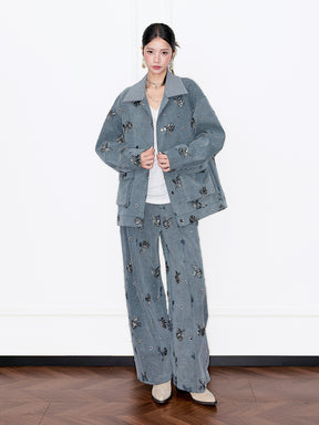 MUKZIN“Capsule Collection”Gray Rhinestone Embellished Oversized Heavy-Duty Wide-Leg Pants