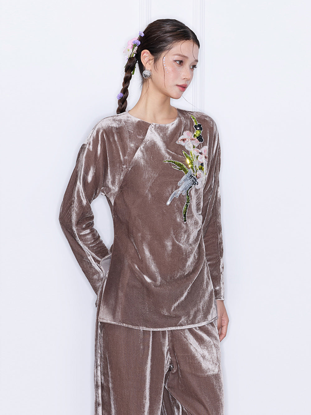 MUKZIN“Capsule Collection”Coffee Velvet Long Sleeve Top | Oriental Floral Embroidered Sequin Embellished Blouse
