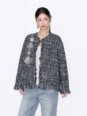 MUKZIN“Capsule Collection”Black & White Tweed Fringe Cardigan with Retro Diamond Embellishments (Chanel-Style Jacket)