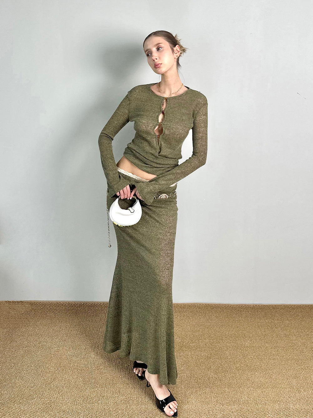MUKTANK×Jqwention Moss Green Slim-Fit Maxi Dress Suit Midi Skirt
