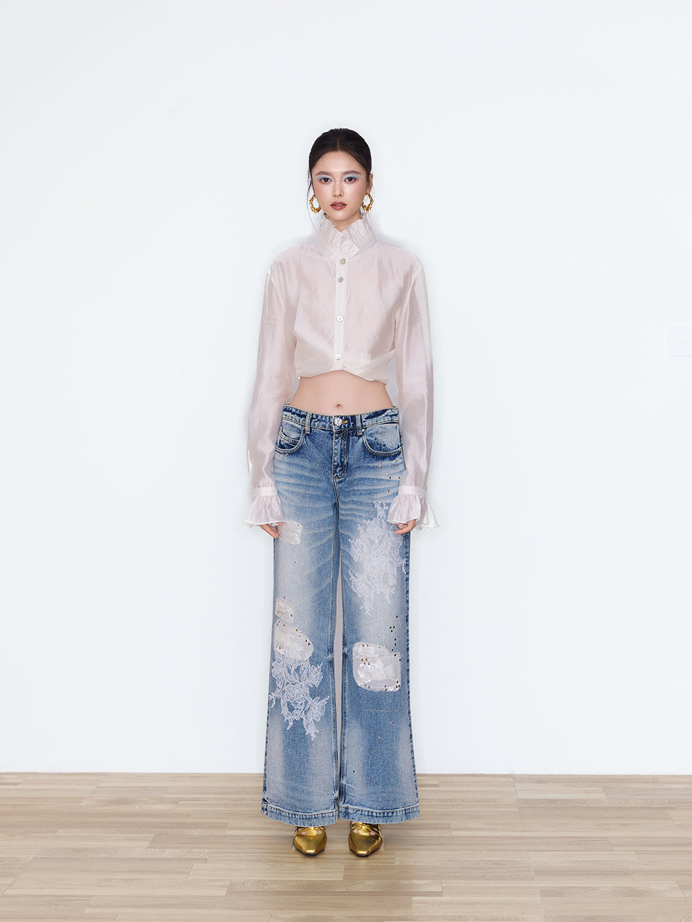 MUKZIN×Flourishing Blooms New Chinese-Style Floral Patch&Beaded High-Waist Jeans