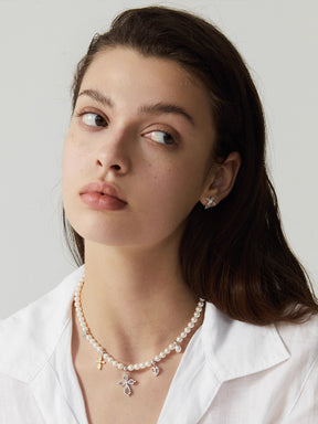 MUKTANK×SUN HUNTER Ornate lace cross pearl chain