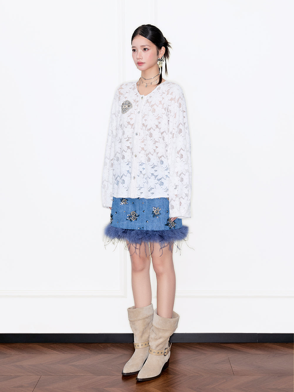 MUKZIN“Capsule Collection”White Lace Puff-Sleeve Cardigan