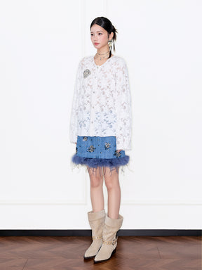 MUKZIN“Capsule Collection”White Lace Puff-Sleeve Cardigan