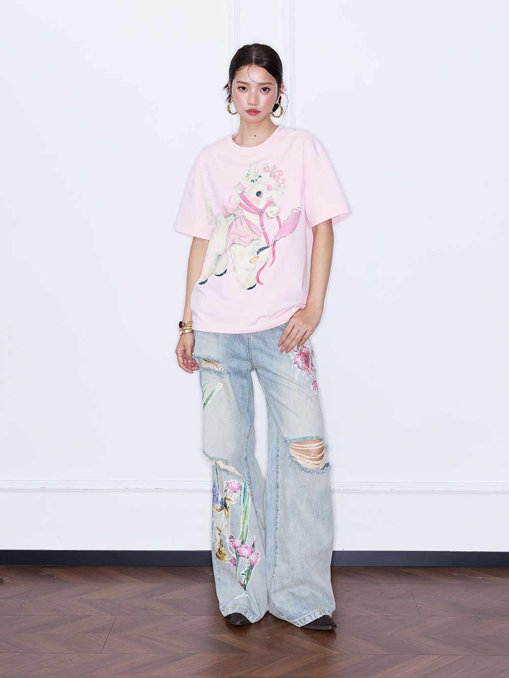 MUKZIN¡°Capsule Collection¡±Pink Cartoon Pony Print Oversized Graphic T-Shirt