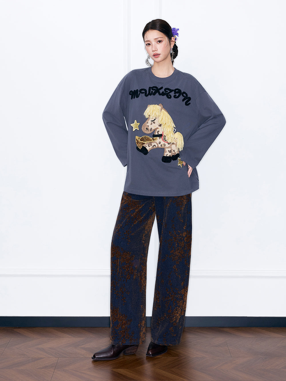 MUKZIN“Capsule Collection”Black and Gold Jacquard Curved Wide Leg Pants