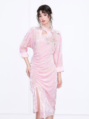MUKZIN“Realm of Ethereal Mist”National Style Improved Pink Velvet Embroidered Hollowed-out Pleated Slit Dress