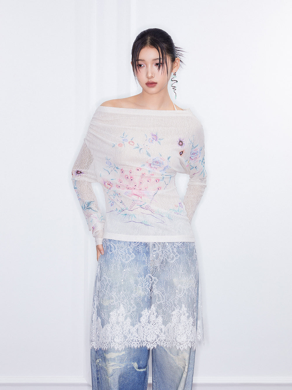 MUKZIN SpringPrelude “Joy of Sparrows” Asymmetric - shoulder Slim - fit Chinese - style Printed Undershirt