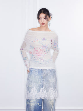 MUKZIN  SpringPrelude "Joy of Sparrows" Asymmetric - shoulder Slim - fit Chinese - style Printed Undershirt