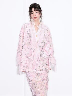 MUKZIN“Realm of Ethereal Mist”Pink Floral Jacquard Loose Cardigan
