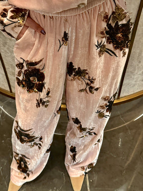 MUKZIN“Capsule Collection”Pink Floral Print Velvet Wide-Leg Pants | Oriental High-Waist Loose Trousers
