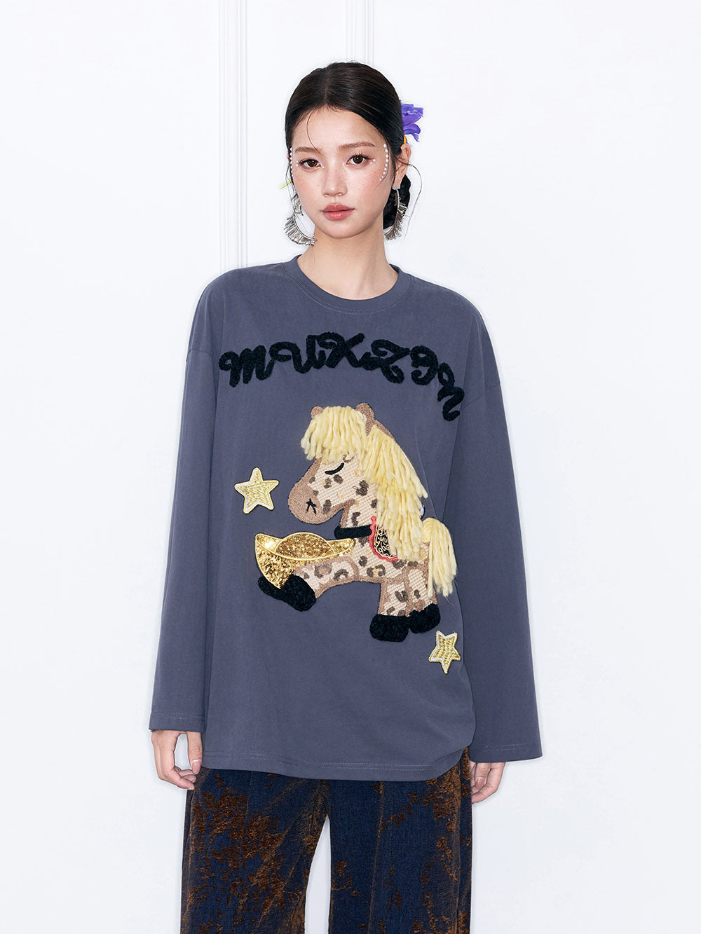 MUKZIN“Capsule Collection”Cute Cartoon Pony Embroidered Long-Sleeve T-Shirt