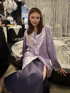 MUKZIN¡°Capsule Collection¡±Lavender Purple Velvet Oversized Shirt | 3D Floral Embroidery Beaded Mandarin Collar Blouse