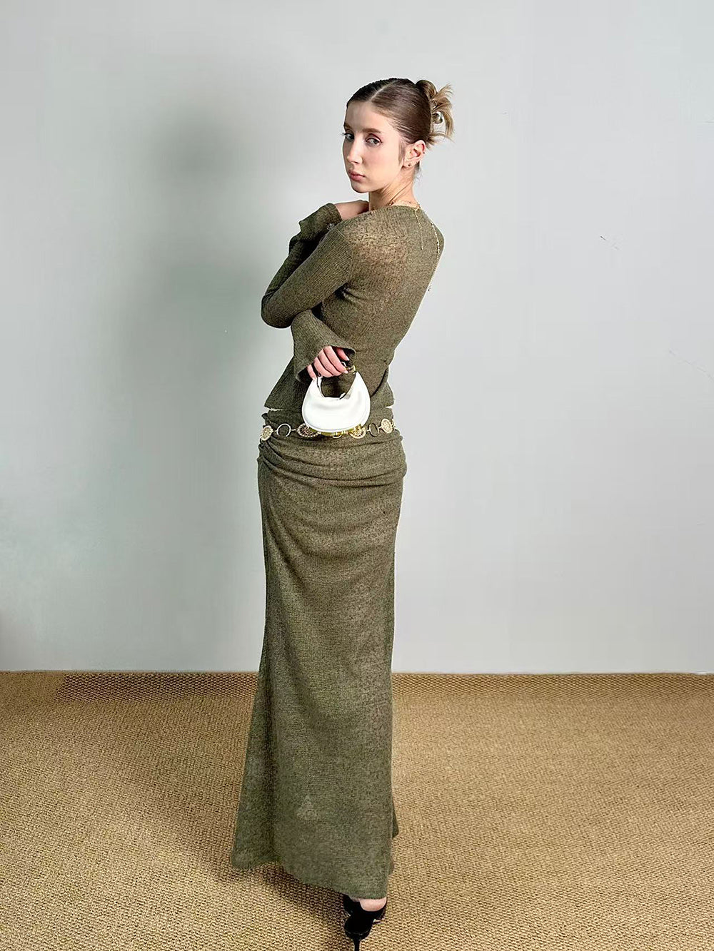 MUKTANK×Jqwention Moss Green Slim-Fit Maxi Dress Suit Midi Skirt