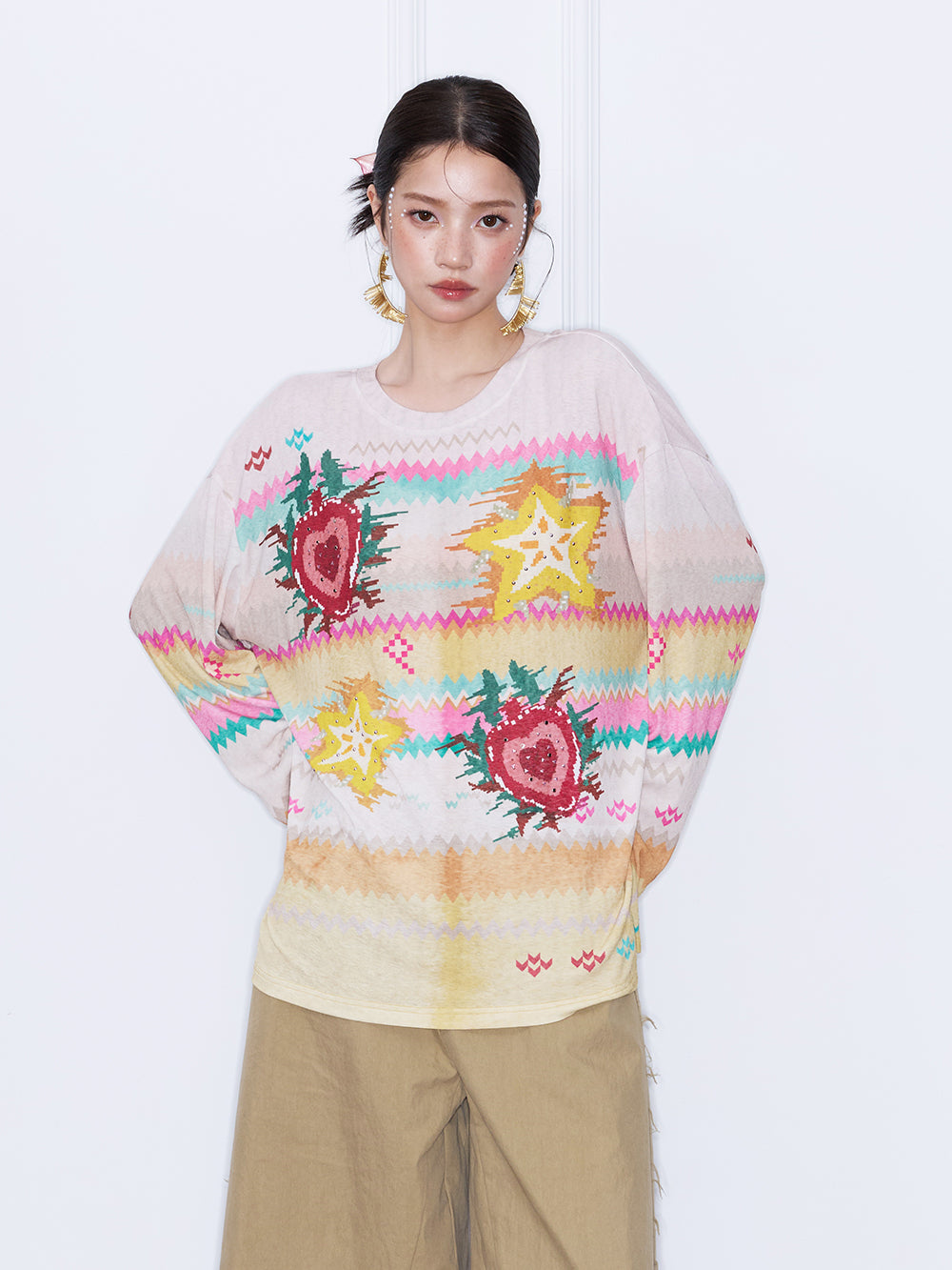 MUKZIN¡°Night Ballad of Chang'an¡±Y2K Star Heart Print Oversized Long Sleeve Tee, Vintage Bohemian Casual Knit Top for Women