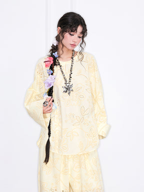 MUKZIN“Realm of Ethereal Mist”Light Yellow Floral Hollow - out Loose Top