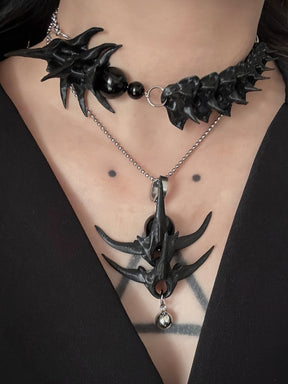 MUKTANK×DARK DREAM 3D printed spiky pendant with bead collision, necklace designed with spinal column arrangement, a set of necklace in two styles (Style A and Style B) for layered wearing (the pendant can be detached and used as earrings).