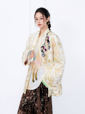 MUKZIN“The Sequence of Deer's Call”Gilt Texture Patchwork Sequin Decor Stand-Collar Coat