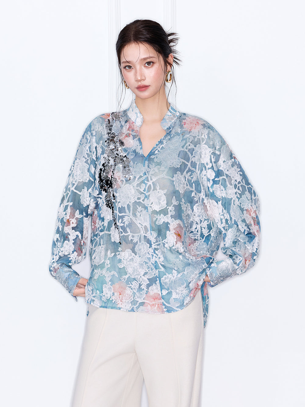 MUKZIN“Capsule Collection”Light Blue Floral Lace Blouse with Sequins - Loose Lantern Sleeves