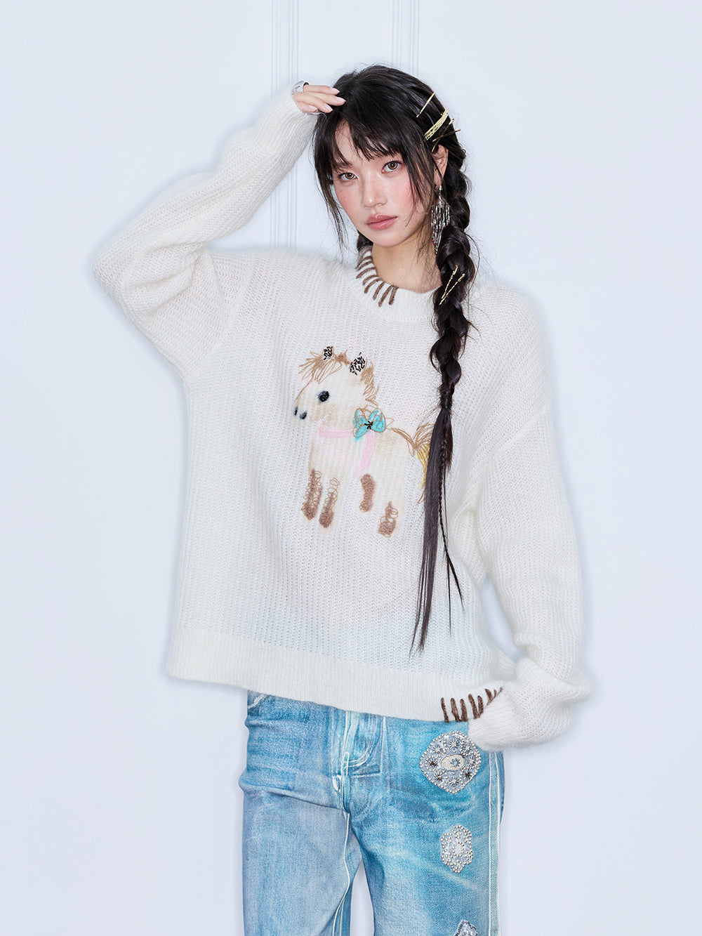 MUKZIN“The Sequence of Deer's Call”Cream White Contrast Trim Pony Decor Oversized Fuzzy Knit Sweater