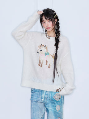 MUKZIN“The Sequence of Deer's Call”Cream White Contrast Trim Pony Decor Oversized Fuzzy Knit Sweater