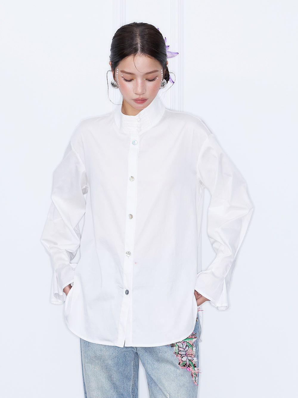 MUKZIN¡°Capsule Collection¡±Minimalist Stand Collar White Button Down Shirt